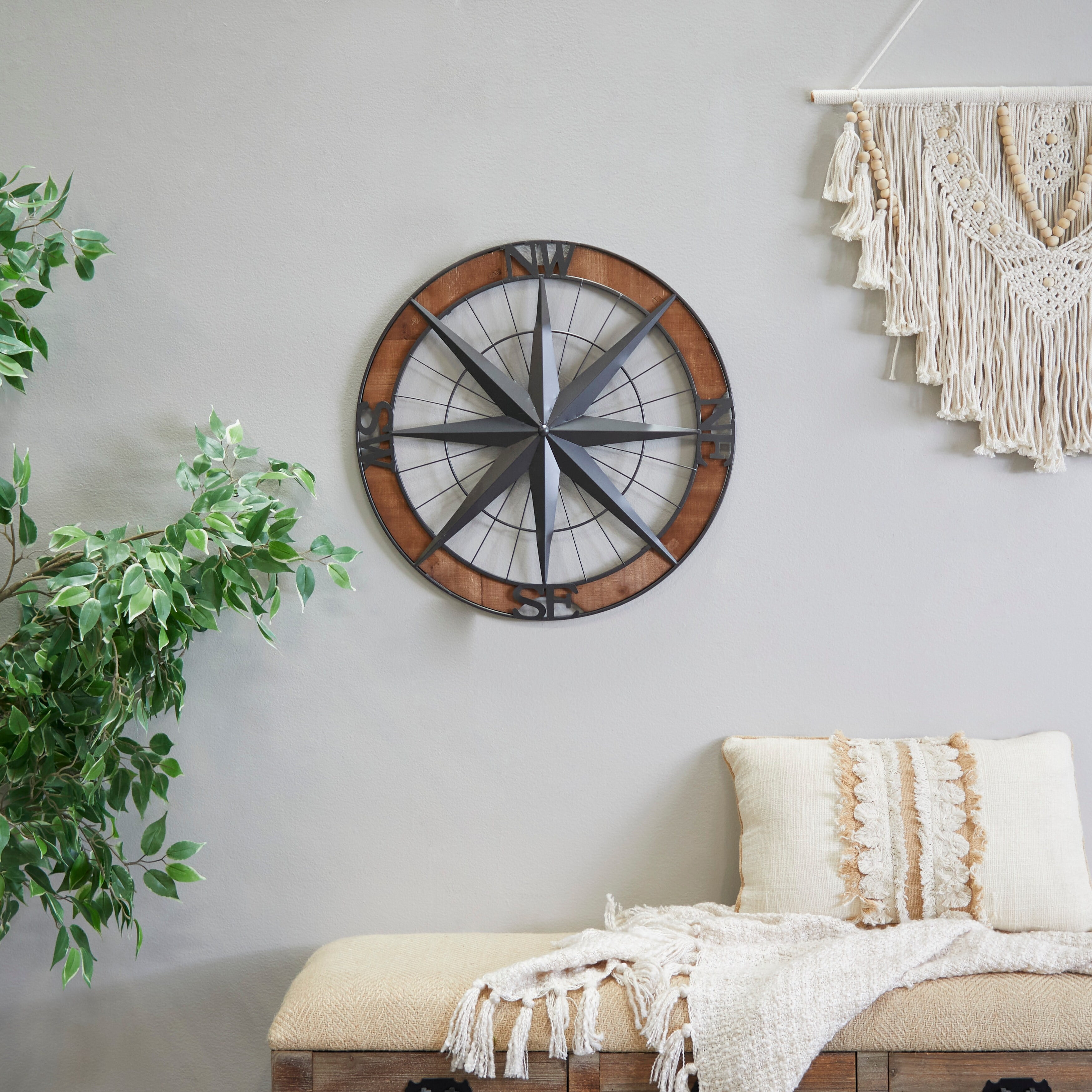 22" Gray and Brown Metal and Wood Nautical Compass Wall Sculpture