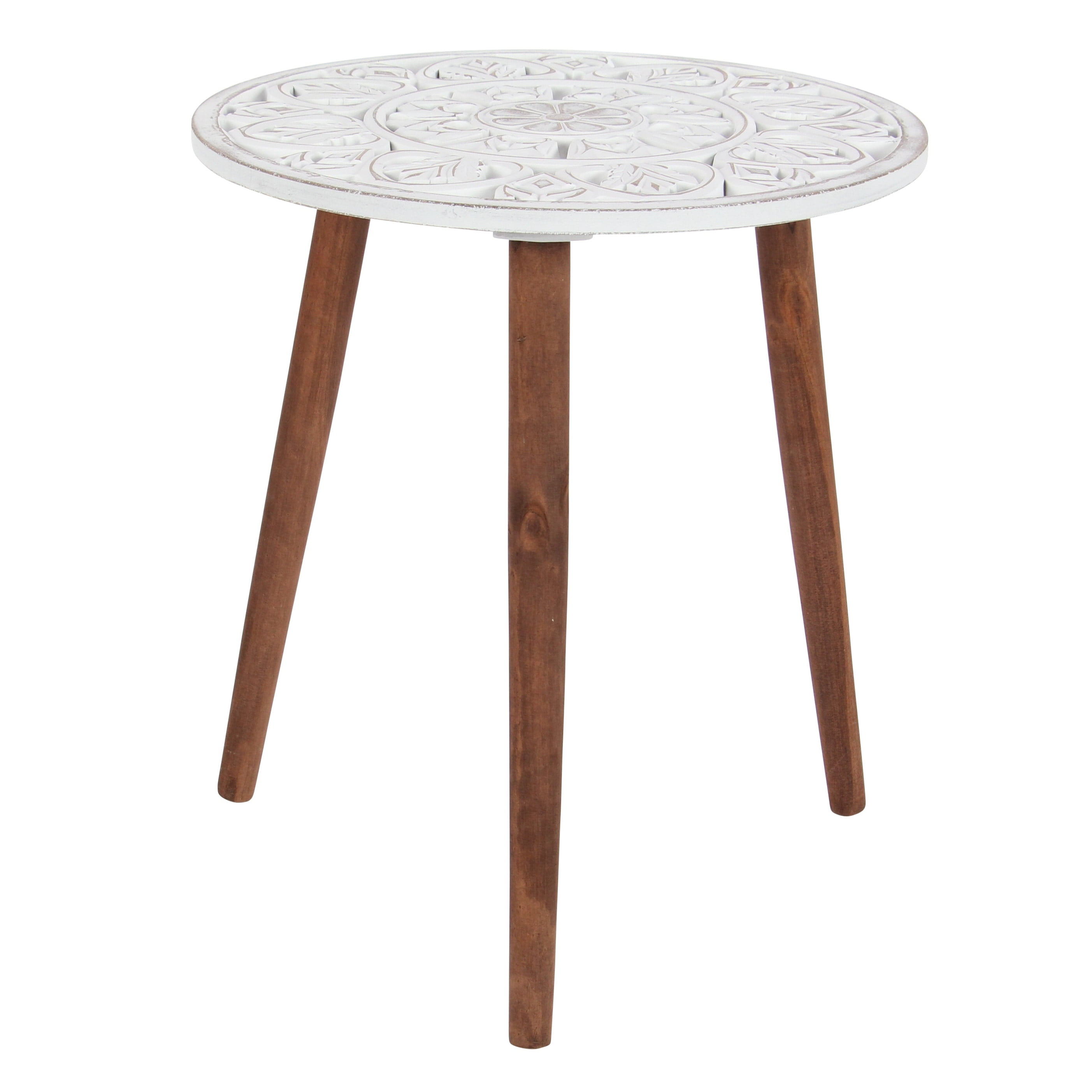 White and Brown Mango Wood Round Accent Table with Carved Floral Design