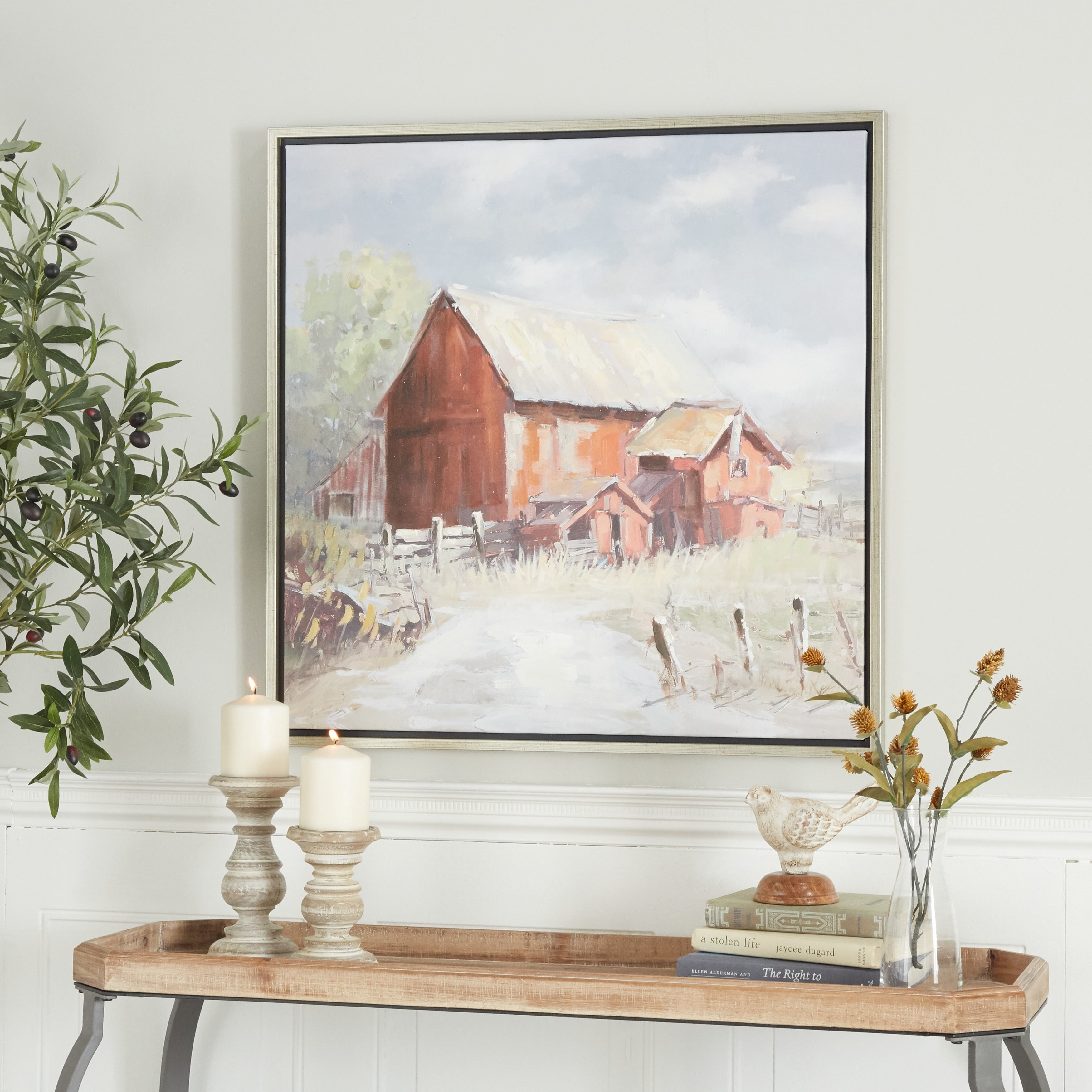 Rustic Red Barn Painting on Canvas with Black Frame