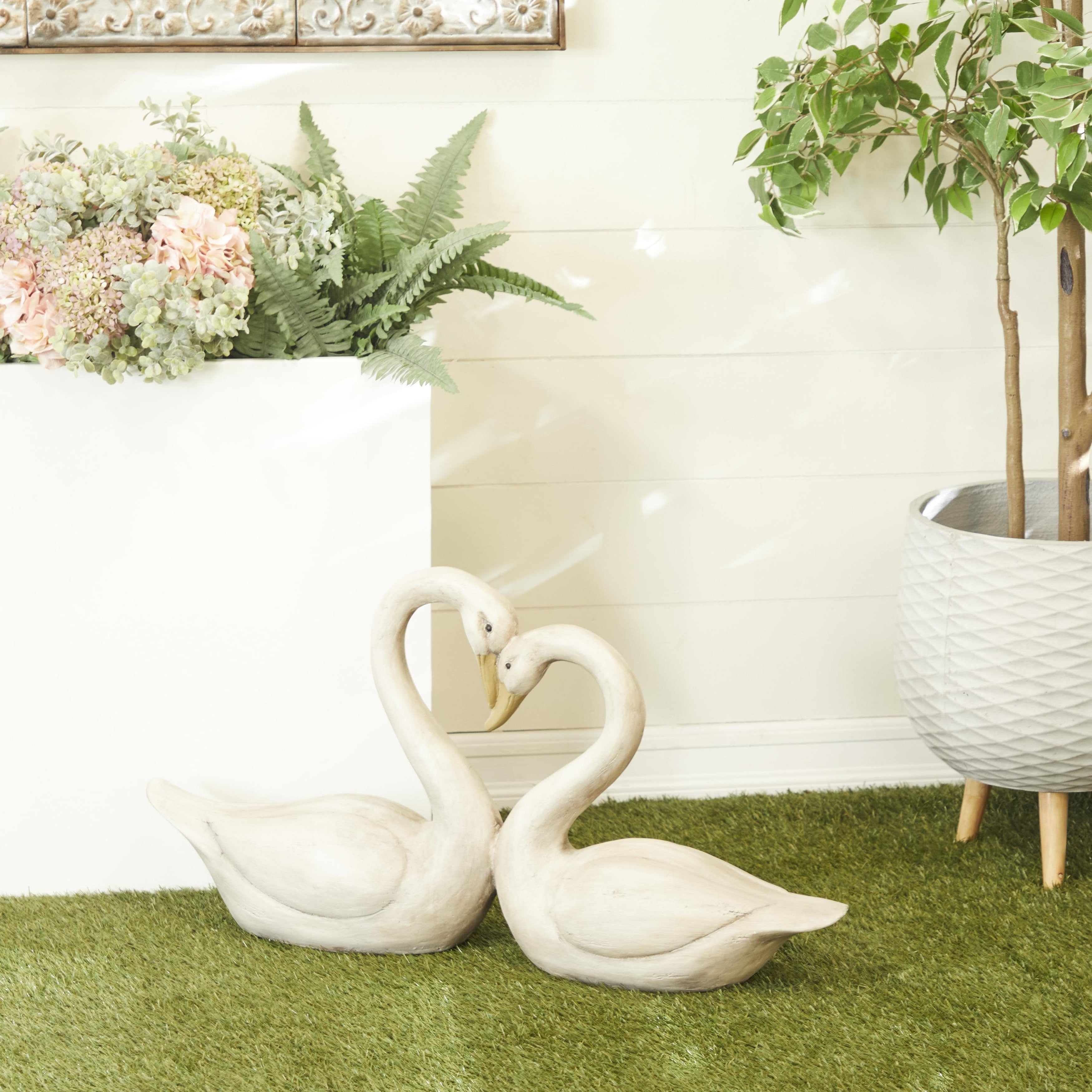 White and Light Gray Resin Swan Garden Sculpture, 32" Wide