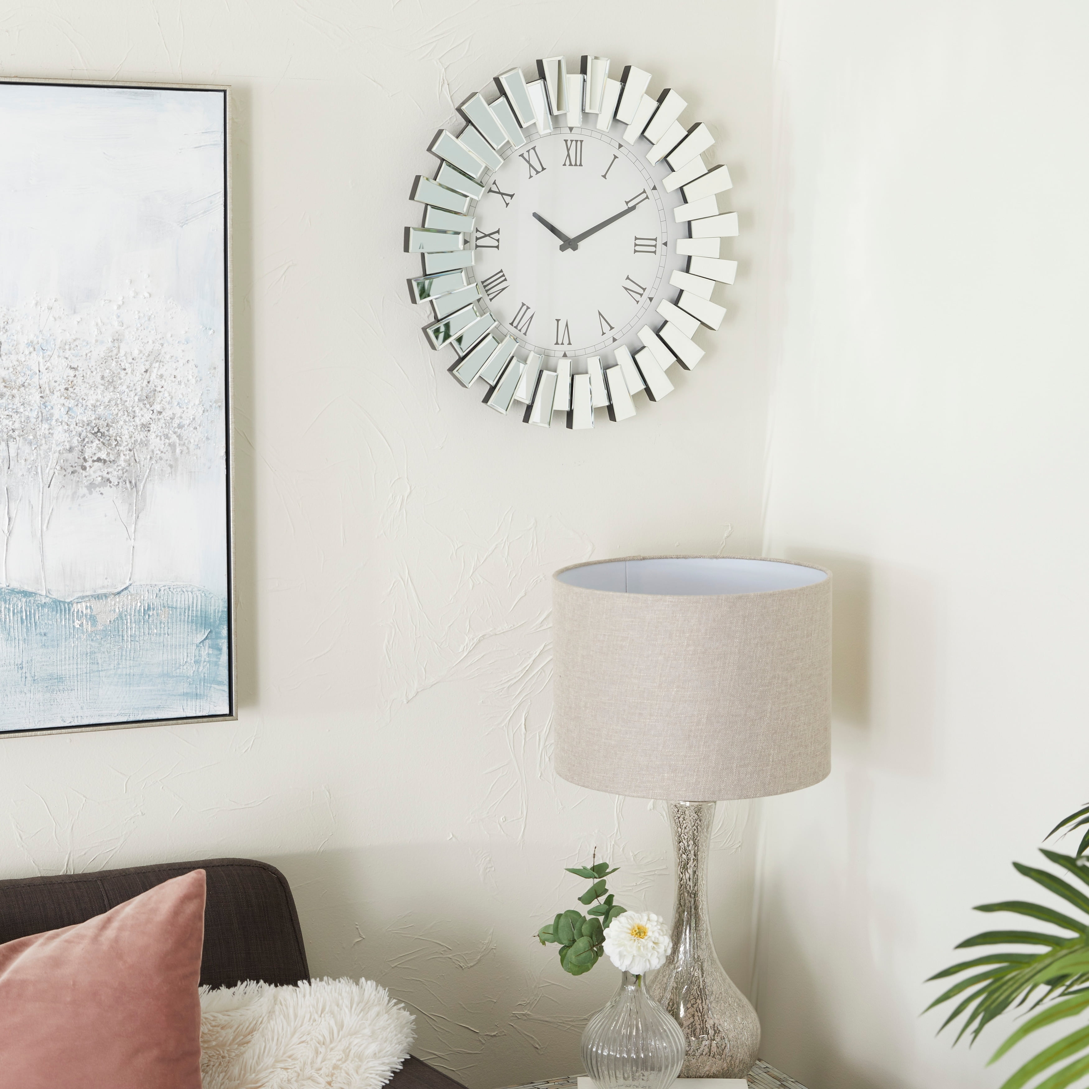 Silver Mirrored Starburst Wall Clock with Roman Numerals