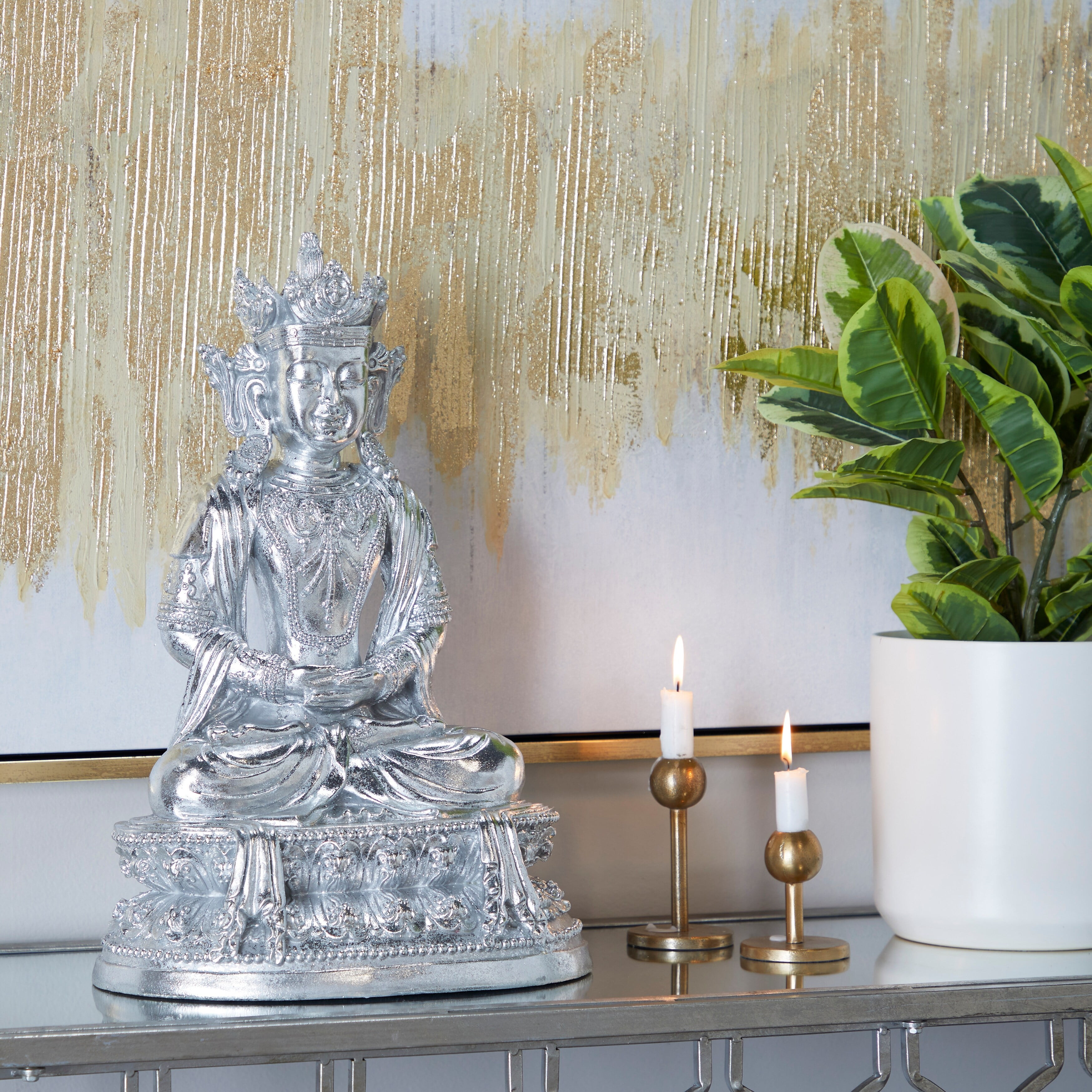 Silver Resin Buddha Sculpture with Engraved Carvings, 21" Height