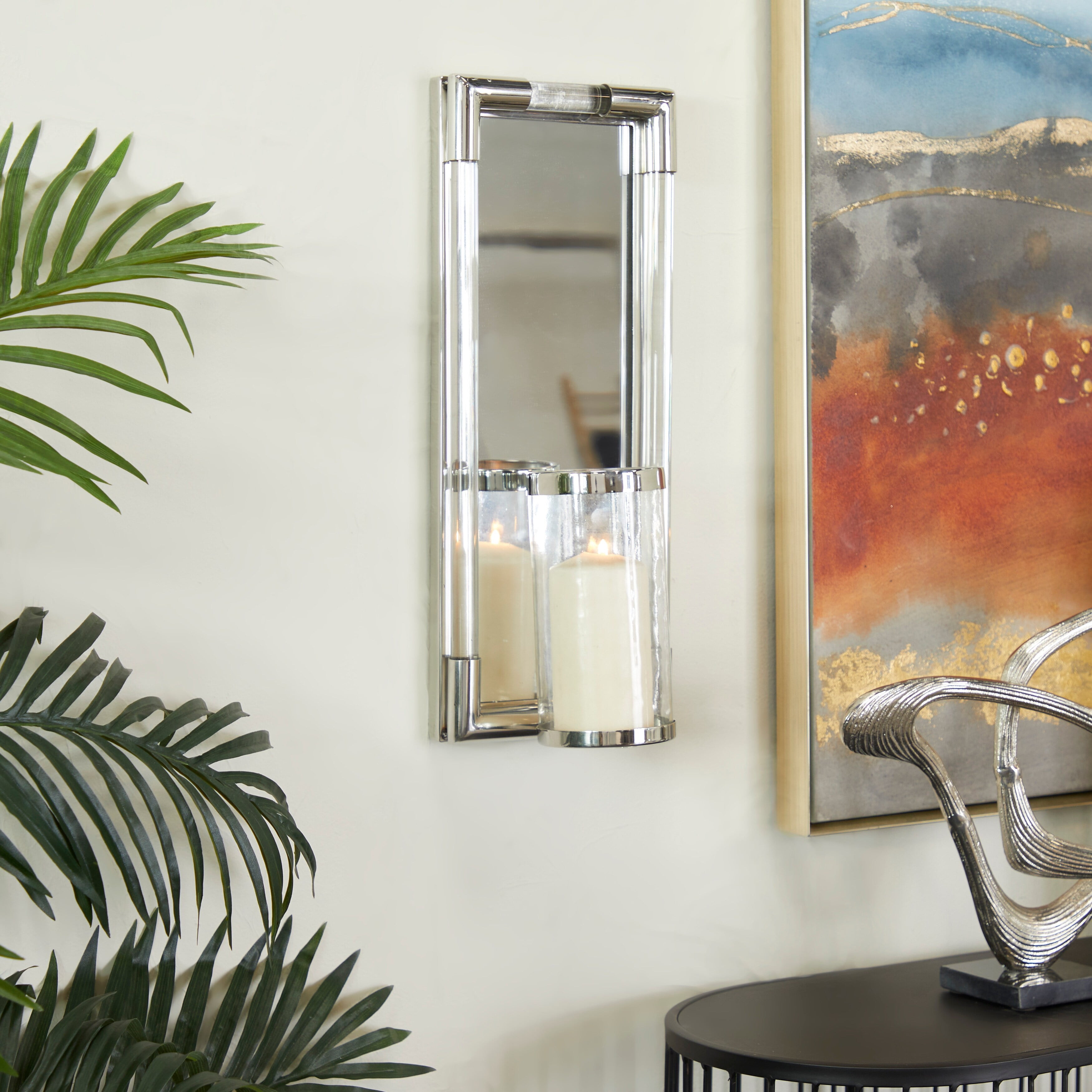 Silver Stainless Steel and Glass Wall Sconce Candle Holder