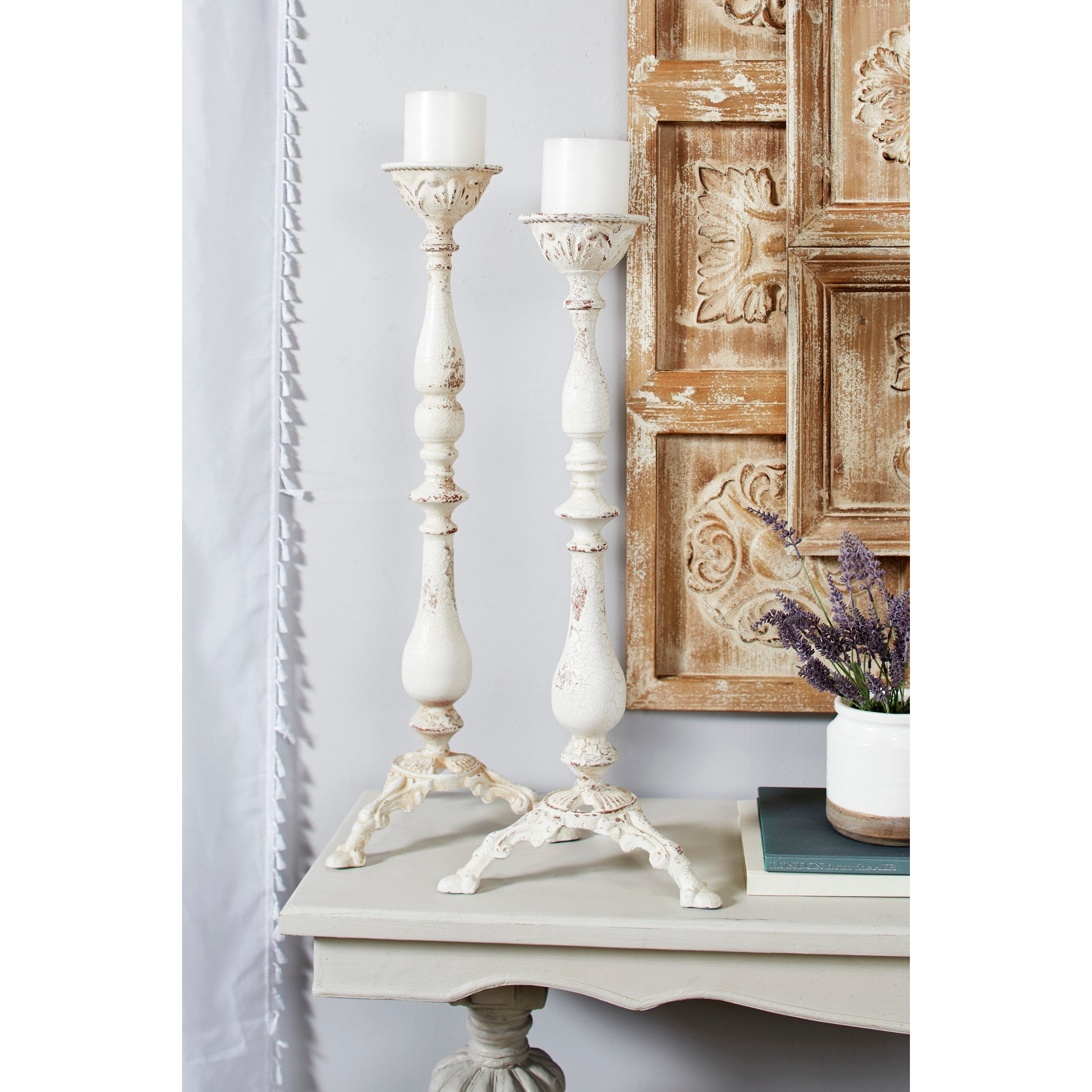 Tall Distressed White Iron Candle Lantern Set