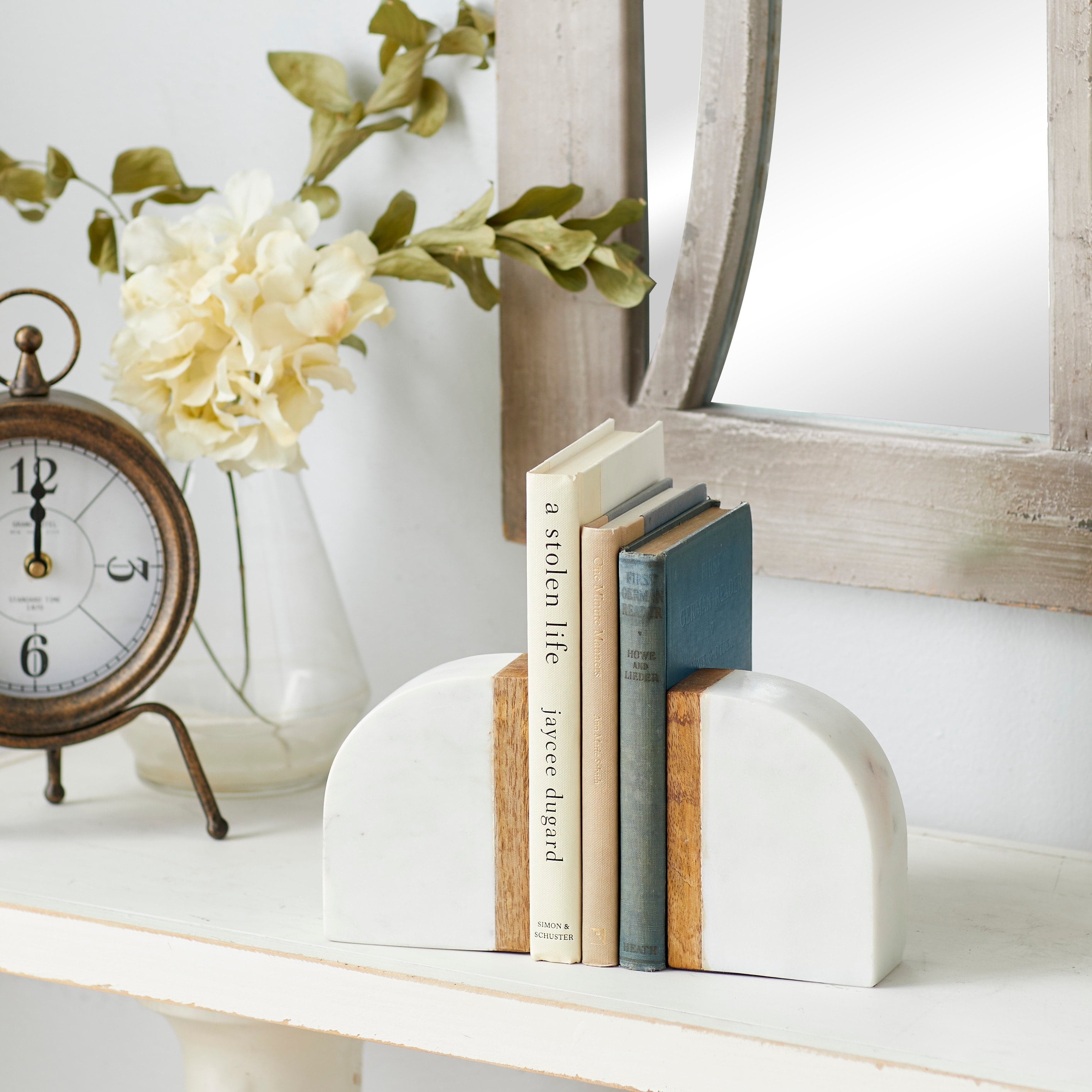 White Marble and Wood Half-Moon Bookends Set