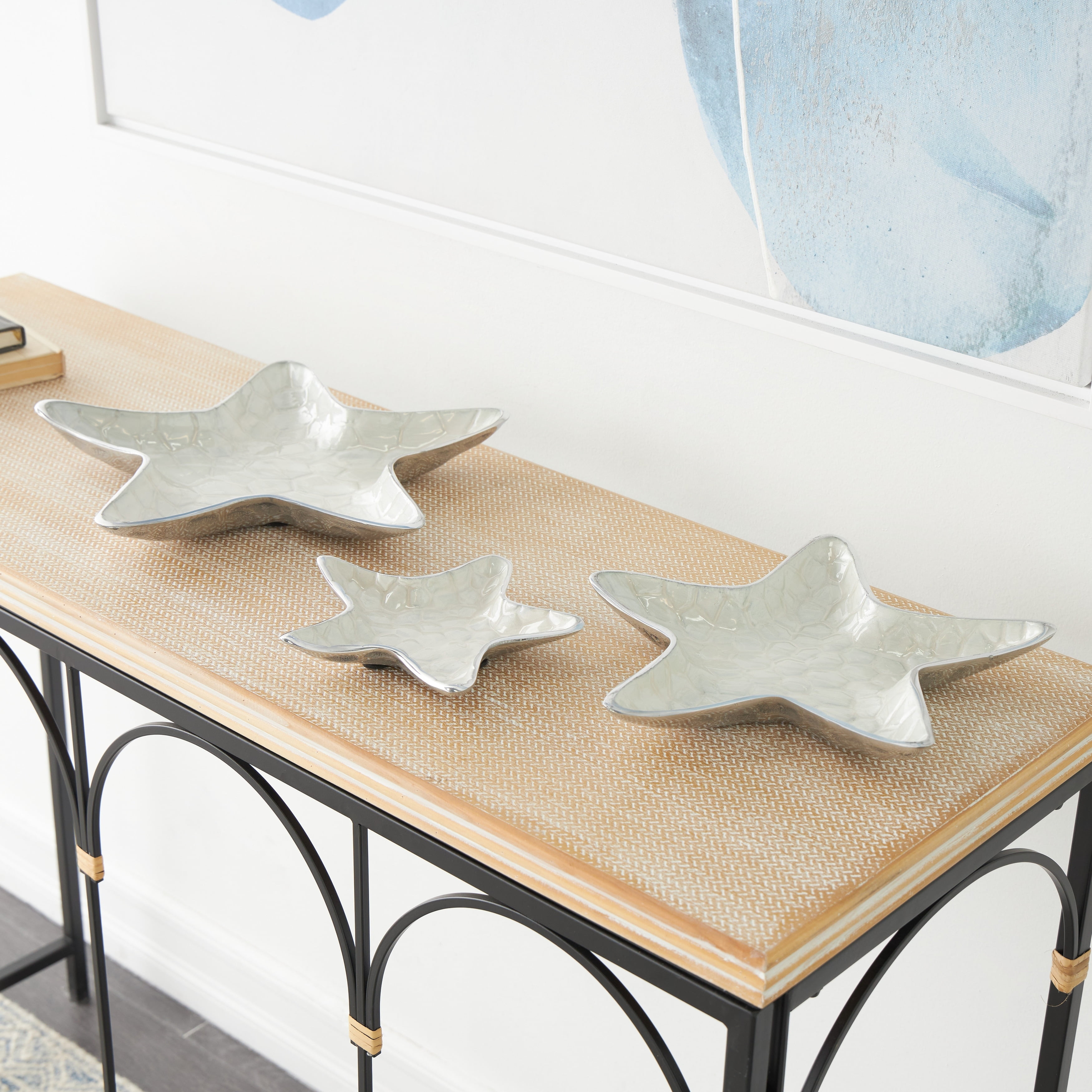 Handcrafted White Aluminum Starfish Decorative Bowls with Silver Base, Set of 3