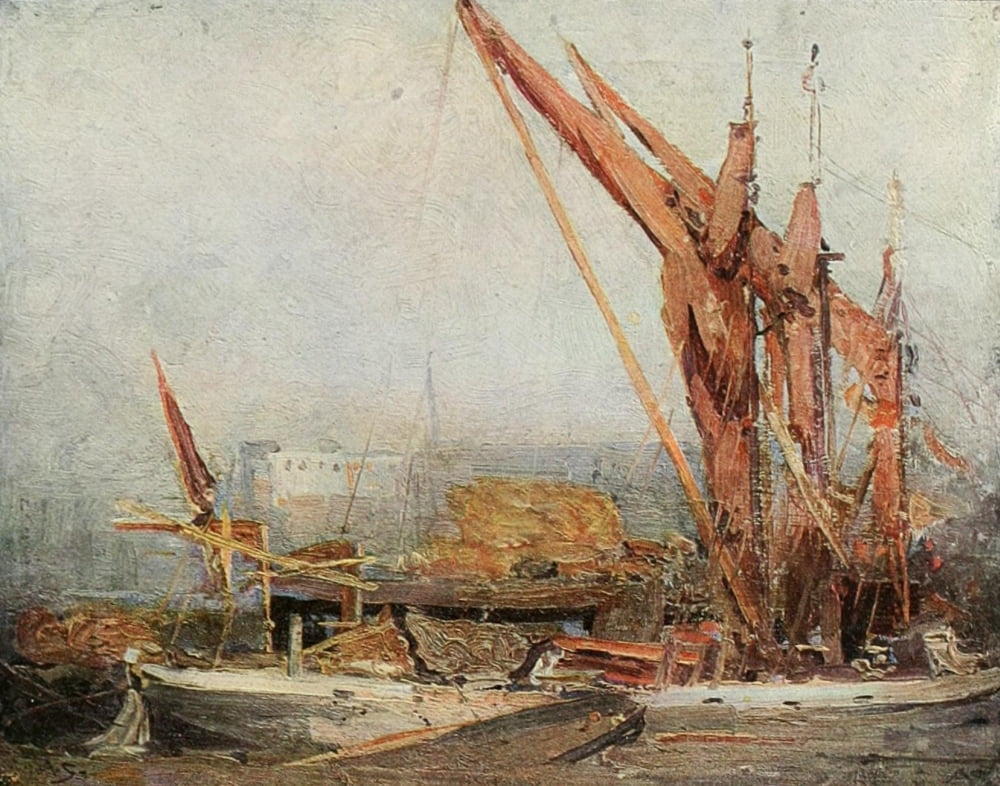 Studio 47 1909 Hay barges on the Thames Canvas Art - Arthur Streeton (18 x 24)