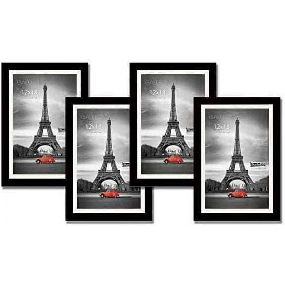 Studio 500 4 PC Value Luxury Pack 12 by 18-inch Black Solid Wood Wall Poster Frames, with Acid Free off White Mat for 11 by 17 Poster Frames, Tempered Glass, Metal and Pine Wood