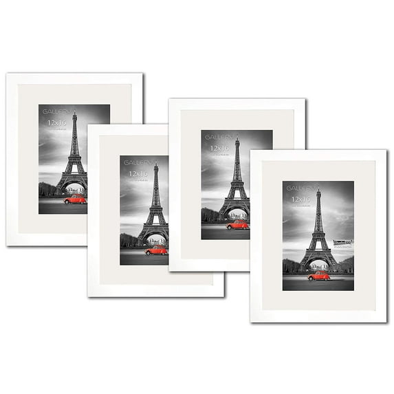Studio 500 4 Piece Value Luxury Set of White 12 x 16 in Wall in Real Solid Pine Wood Wall Picture Frames, Tempered Glass, with Acid Free Off-White Core Mat Board for 8x12 Pictures Frames