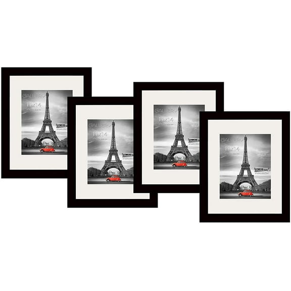 Studio 500 4PC Luxury Value Set 11 x 14-inch Black Solid Wood Wall Picture Frames, Tempered Glass, with Off-White Core Mat for 8x10 Pictures