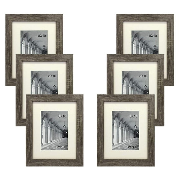 Studio 500 6-Pack of 8 by 10-in Wall or Tabletop Distressed Grey Picture Frames, Made with Glass, comes with an Off-white Mat for a 5 x 7-inch photo, easel already installed!