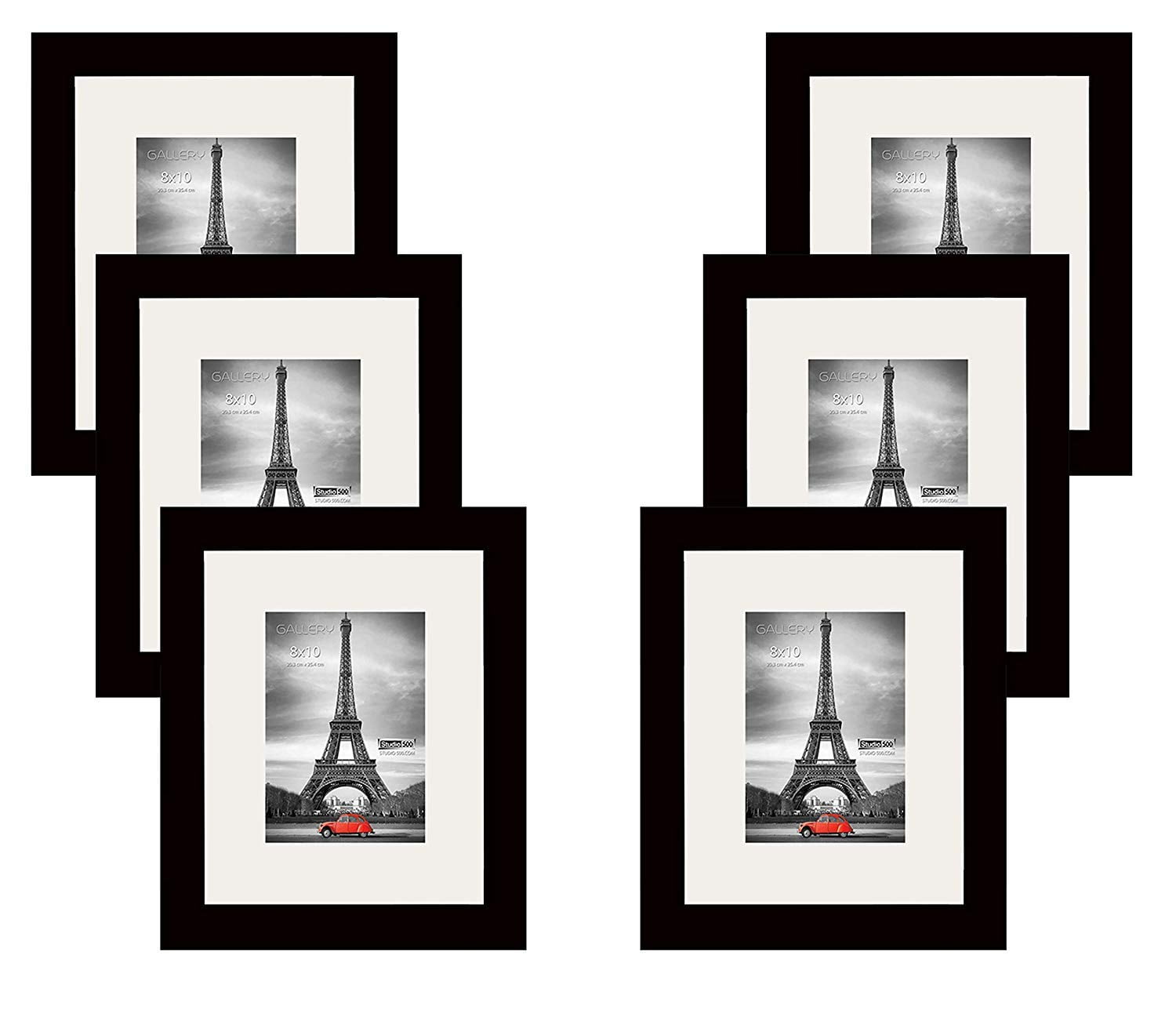 Studio 500 6-Piece Value Pack of 8x10" Black Wall and Tabletop Real Solid Wood Photo Frames with Tempered Glass and Acid-Free Ivory White Beveled Mat Board for 5x7 Pictures