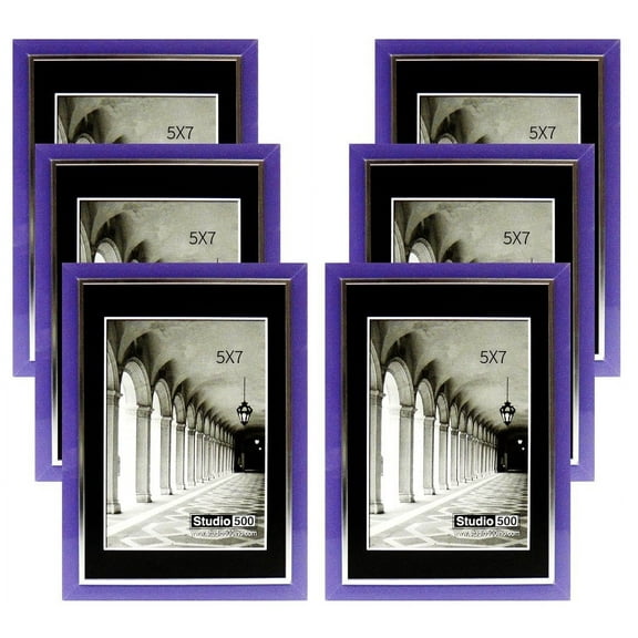 Studio 500 6 piece Value Set 5x7" Purple with an inner Silver Border Line Wall and Tabletop Picture Frames