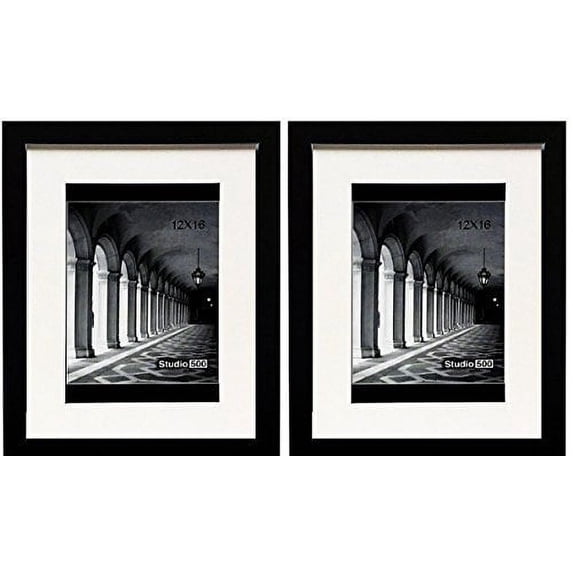 Studio 500 Value 2-Pack, 12x16" Smooth Wide Contemporary Picture Frames with Off White Mat Board for 8x12" Photos, Black