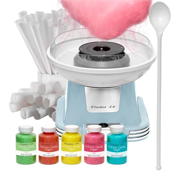Studio 54 Retro Cotton Candy Machine with 5 Jars (11oz Each) Floss Sugar, 50 Paper Cones, Easy Cleanup Cotton Candy Maker, Durable Retro Design, Makes 20-30 Servings per Jar, BPA & Lead Free Y101
