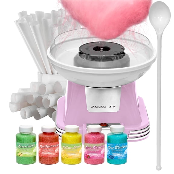Studio 54 Retro Cotton Candy Machine with 5 Jars (11oz Each) Floss Sugar, 50 Paper Cones, Easy Cleanup Cotton Candy Maker, Durable Retro Design, Makes 2030 Servings per Jar, BPA & Lead Free