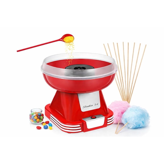 Studio 54 Retro Cotton Candy Machine with Spoon – Cotton Candy Maker for Home, Easy-Use Cotton Candy Machine for Kids, Durable Vintage Design, BPA & Lead-Free, Metallic Red