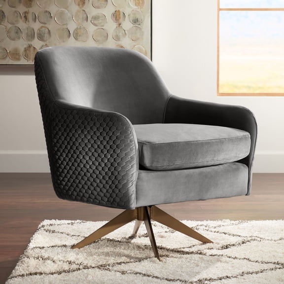 Studio 55D Ames Quilted Gray Velvet Swivel Chair