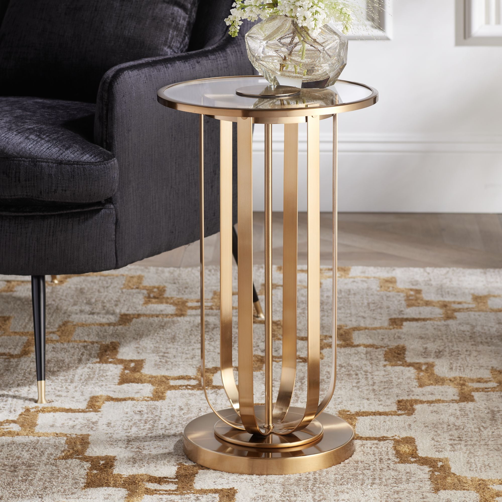 Studio 55D Blaine Modern Glam Luxe Metal Round Accent Table 14" Wide Gold Tempered Glass