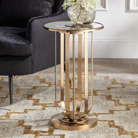 Studio 55D Blaine Modern Glam Luxe Metal Round Accent Table 14" Wide Gold Tempered Glass Tabletop for Living Room Bedroom Bedside Entryway Home Office