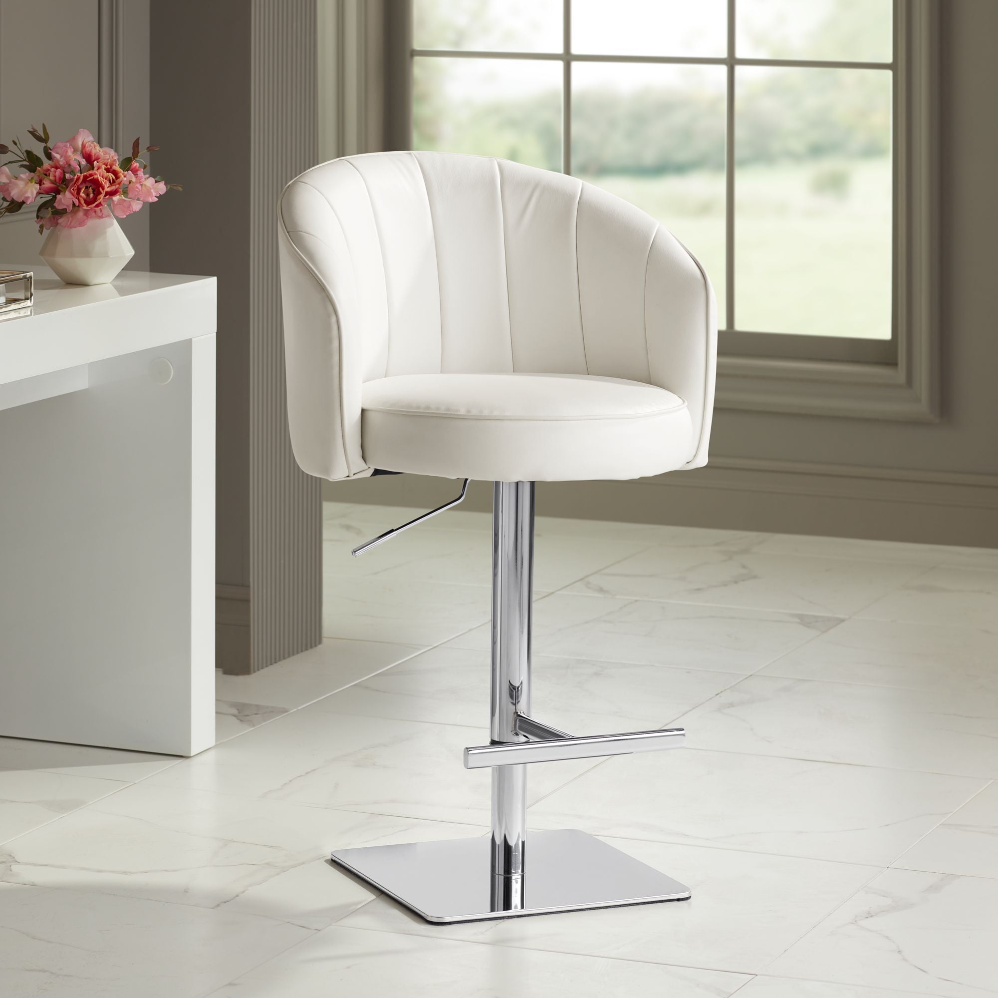 Studio 55D Chase Chrome Swivel Bar Stool 31" High Modern White Faux