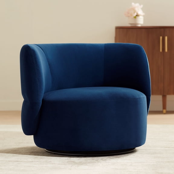 Studio 55D Fontana 36" Wide Prussian Blue Velvety Fabric Occasional Swivel Chair
