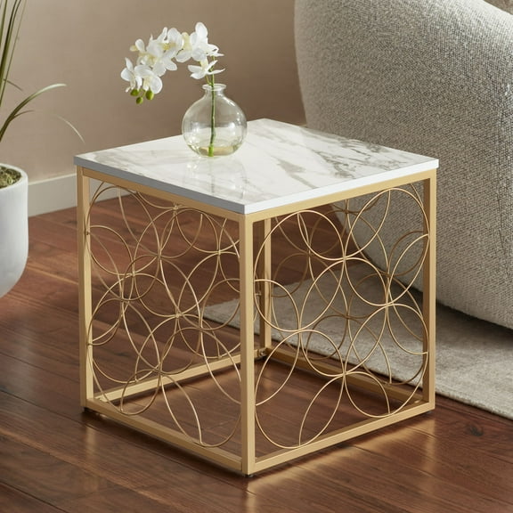 Studio 55D Karin Modern Glam Square Accent Side End Table 17" Wide Gold White Faux Marble Tabletop for Living Room Bedroom Bedside