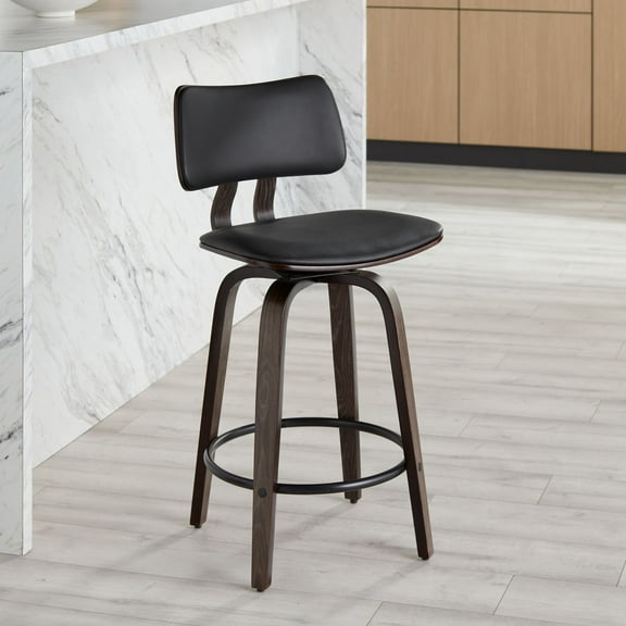 Studio 55D Luke Wood Bar Stool 25 3/4" High Brown Modern Black Cushion with Backrest Footrest for Kitchen Counter Height Island