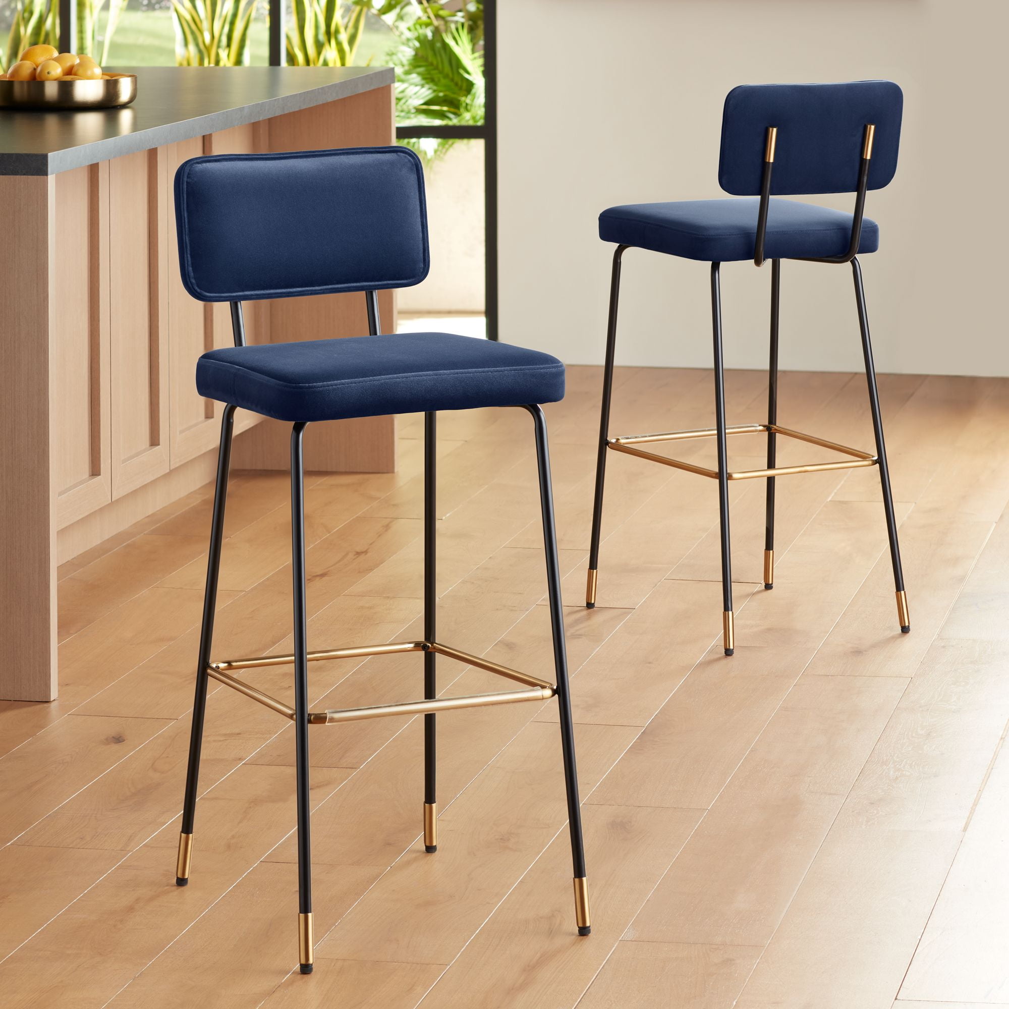 Studio 55D Marc Swivel Bar Stools Set of 2 Black Gold 29 1/4" High Mid Century Modern Blue Cushion Backrest Footrest Kitchen Counter Height Island
