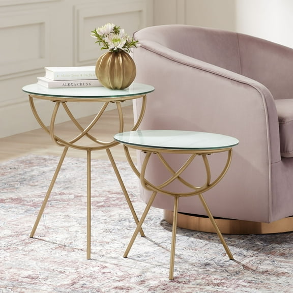 Studio 55D Mayflower Modern Metal Round Nesting Tables Set of 2 Gold Marbleized Tempered Glass Tabletop for Living Room Bedroom Bedside Entryway House