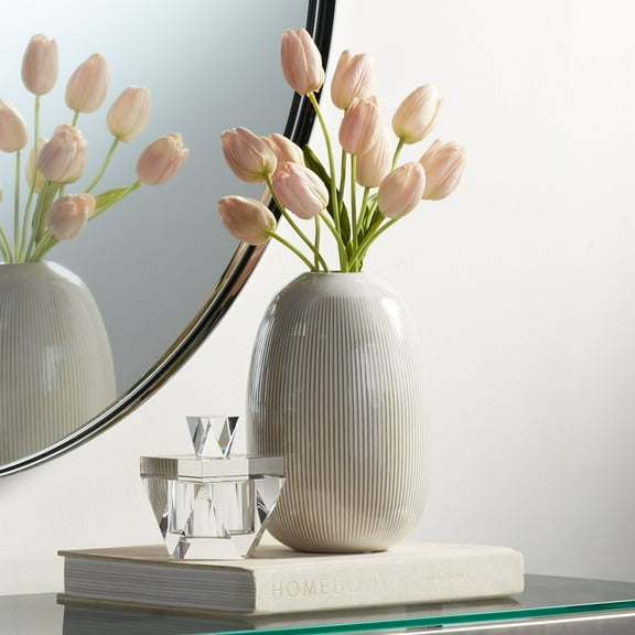 Studio 55D Pilar 8 3/4" High Shiny Beige Ridged Ceramic Vase