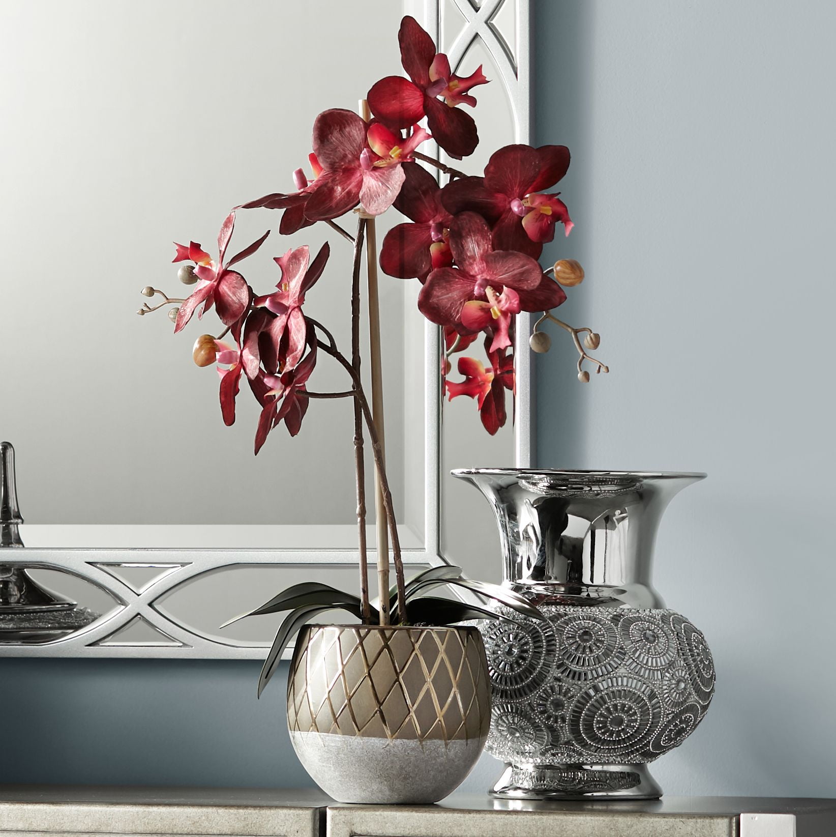 Vivid Crimson Orchid 23" Faux Floral Arrangement in Ceramic Pot