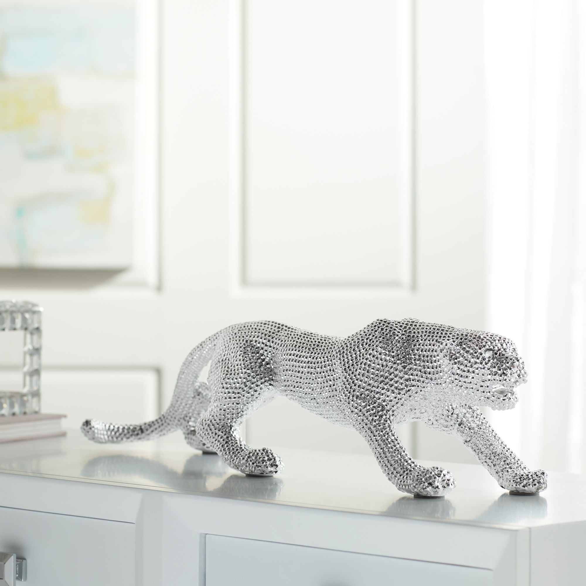 Electroplated Silver Textured Resin Leopard Sculpture