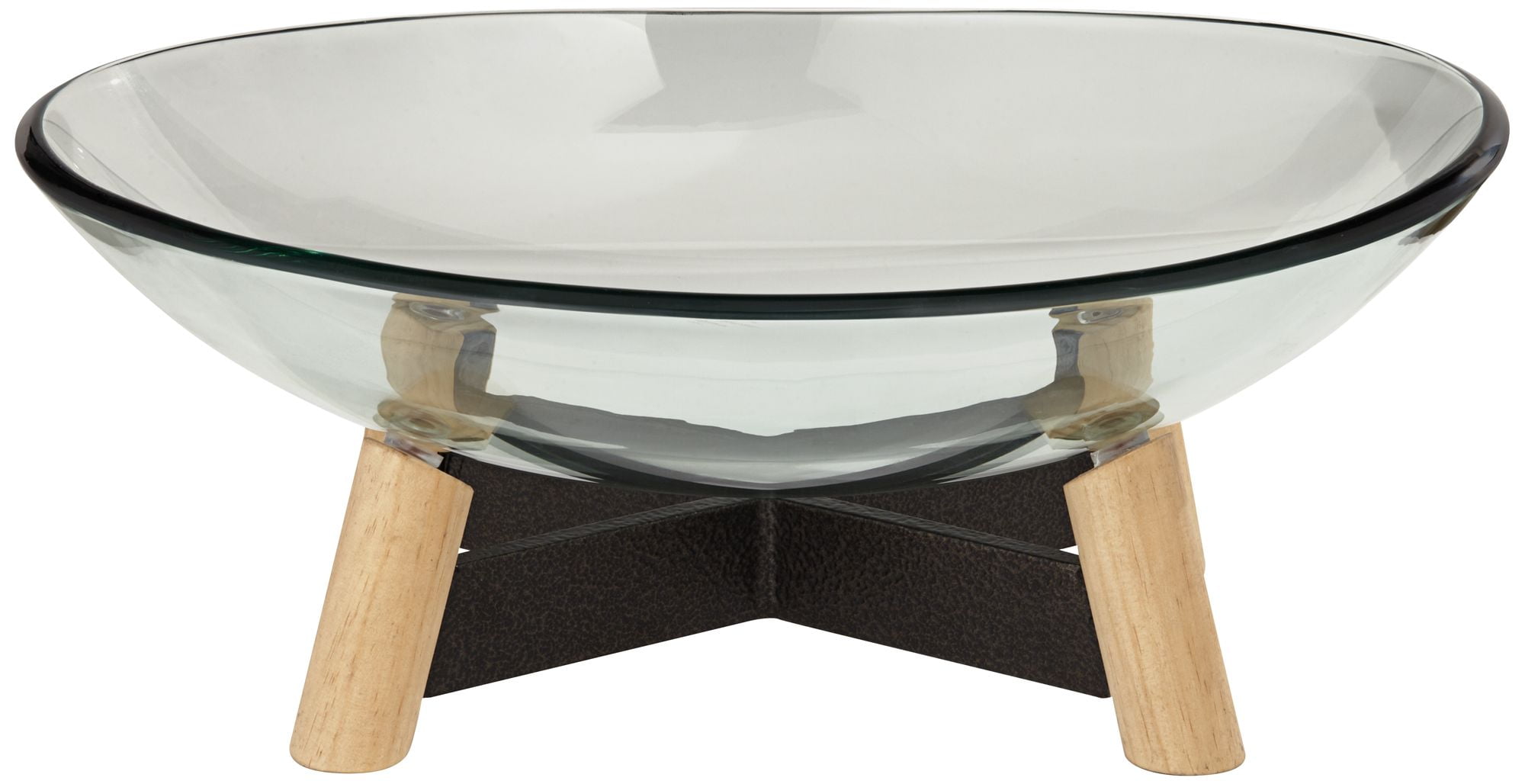 Clear Tempered Glass Decorative Bowl with Iron Base and Pine Wood Legs