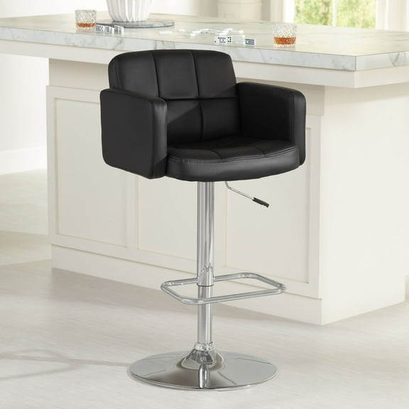 Studio 55D Trek Chrome Swivel Bar Stool 32 3/4" High Modern Adjustable Black Faux Leather Cushion with Backrest Footrest for Kitchen Counter Height