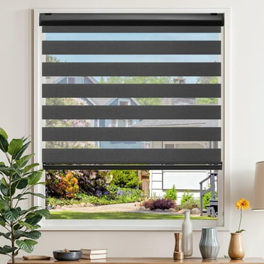 Studio 707 Cordless Zebra Blinds for Windows - 100% Polyester Pull Down Roller Shades for Windows, Dual Layer Sheer or Privacy Light Control Day & Night Roller Blinds (Black, 27" W x 84" H)