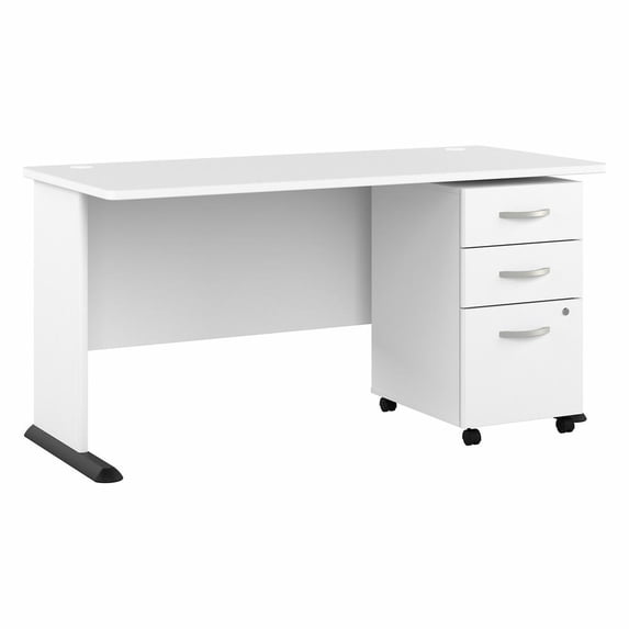 Bush® Business Furniture Studio A 60"W Computer Desk With 3-Drawer Mobile File Cabinet, White, Standard Delivery