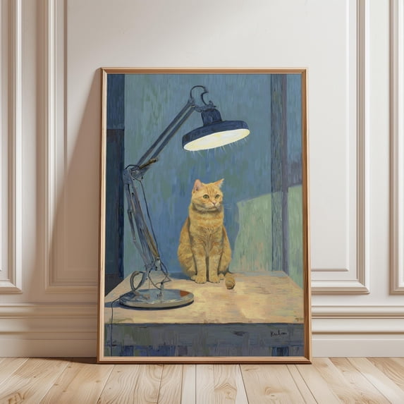 Studio Animal Ginger Cat Under Desk Lamp Painterly Blue Art Print, Unframed Paper Poster 11x14in