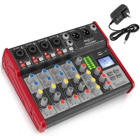 Studio Audio Sound Mixer Board - 6 Channel Bluetooth Compatible Professional Portable Digital DJ Mixing Console w/ USB Mixer Audio Interface - Mixing Boards For Studio Recording - PMXU68BT
