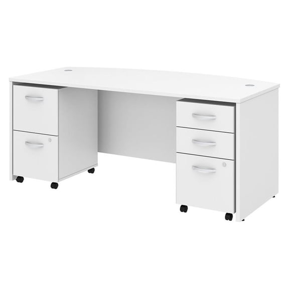 Studio C 72W Bow Front Desk with File Cabinets in White - Engineered Wood