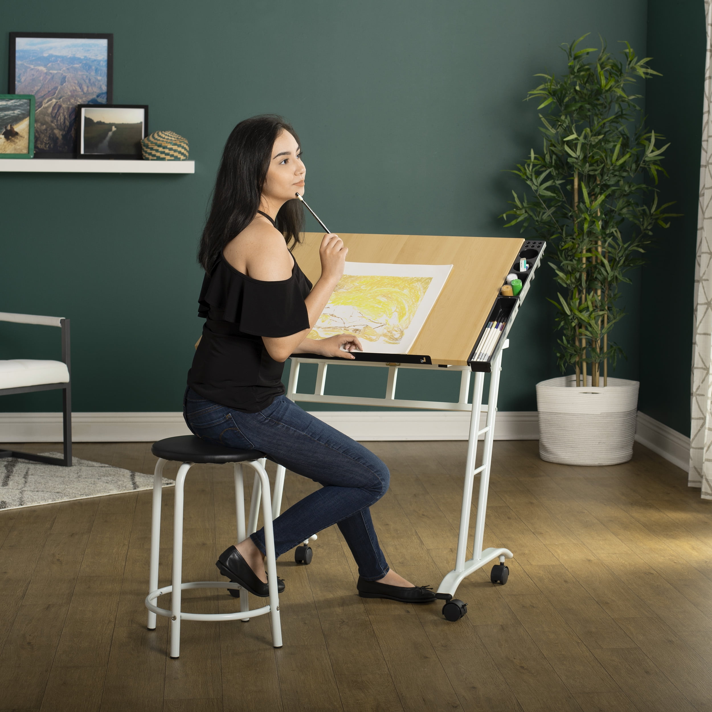 MEEDEN White Board Drafting Table and Stool Set, Height Adjustable Artist  Stool and Craft Table, Tiltable Tabletop of Drawing Desk, Wooden Stool