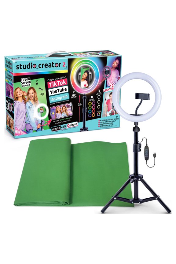Studio Creator 8" Multicolor LED Ring Light with Tripod, Green Screen, and Phone Holder