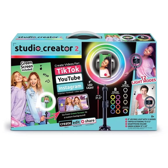 Studio Creator Video Maker 2 Kit: DIY Art & Craft Activity with LED Ring Light, Tripod & Green Screen for Girls 8+