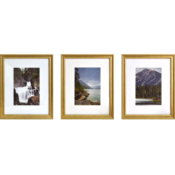 Studio Decor 3 Pack Gallery Gold Frame with Mat - Elegant Wall Photo Frame Set, Polished Gold Finish, 11" x 14" / 8" x 10" Display, 1 Pack