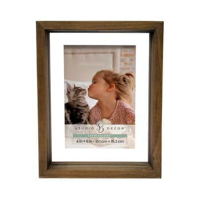 Studio Decor Expressions Brown Linear Wood Float Frame – Rustic Tabletop & Wall Photo Frame - Wide Profile Design - Brown Woodgrain Finish - 4" x 6" Display - 1 Pack