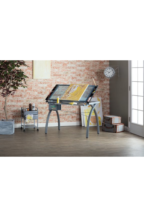 Studio Design Futura Craft Station Tempered Silver Blue Glass Drawing Table