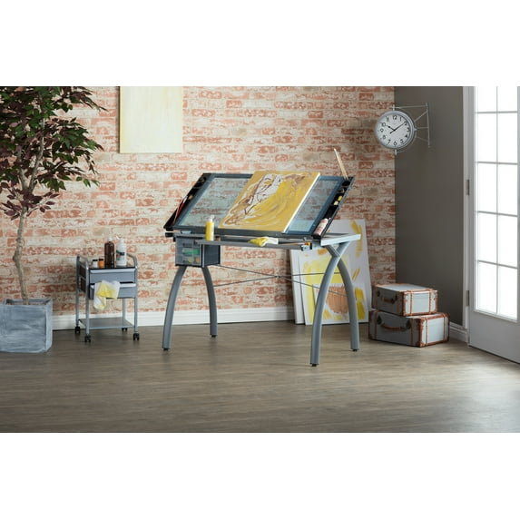 Studio Design Futura Craft Station Tempered Silver Blue Glass Drawing Table