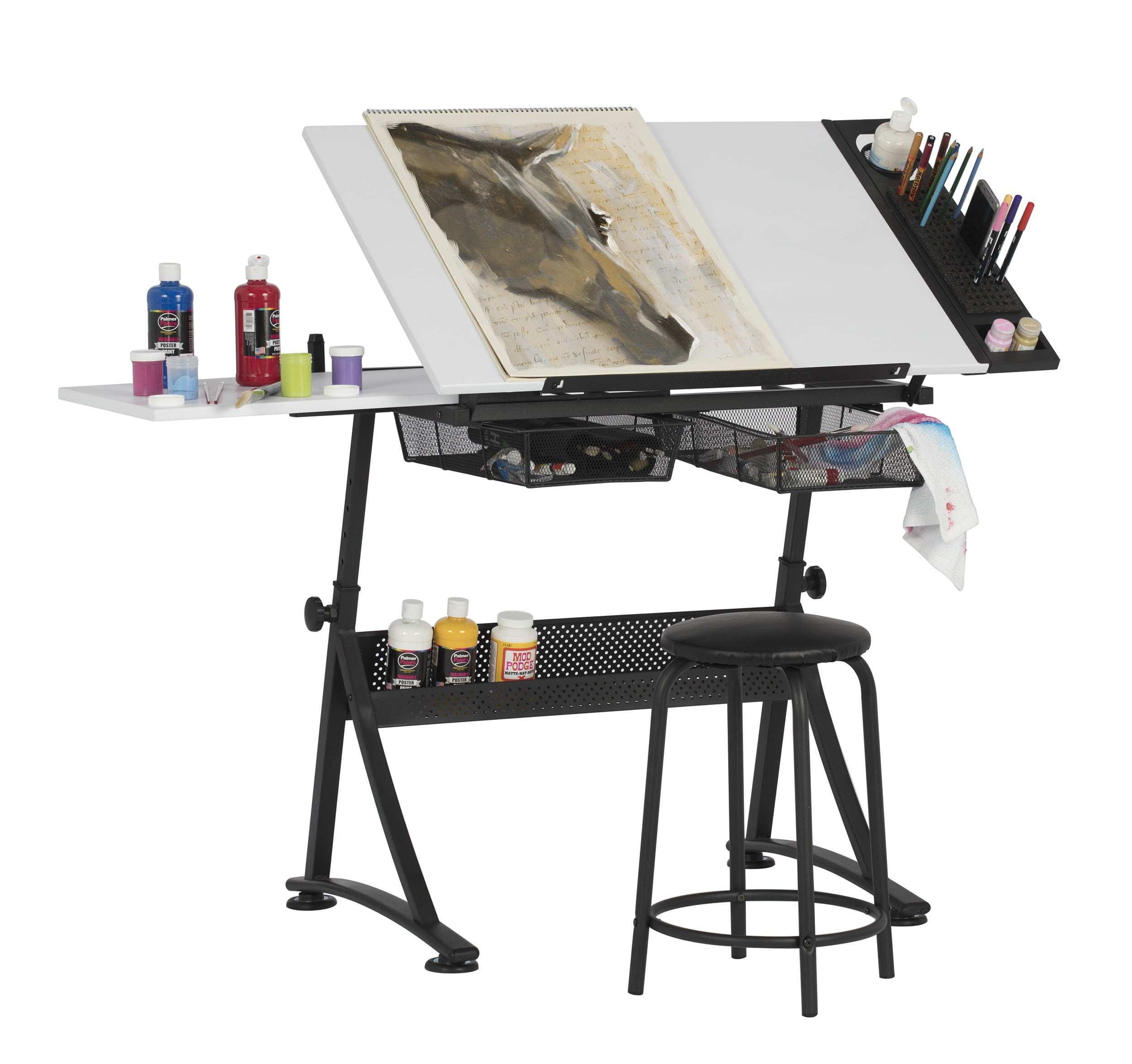 Studio Designs Fusion Craft Center Drafting Drawing Craft Table with Storage and Stool Set, Black/ White