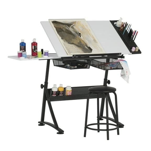 Studio Designs Fusion Craft Center Drafting Drawing Craft Table with Storage and Stool Set, Black/ White