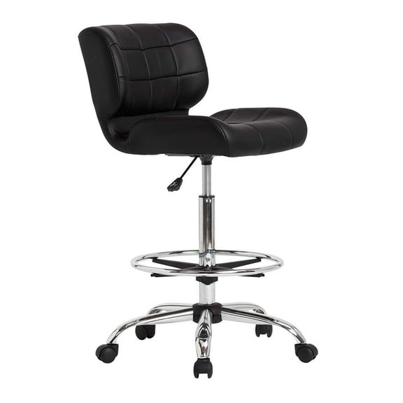Studio Designs Height Adjustable Swivel Drafting Chair with Footring in Black Faux Leather and Chrome